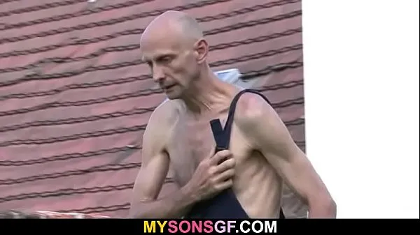 Old man eats his son's GF pussy outdoor
